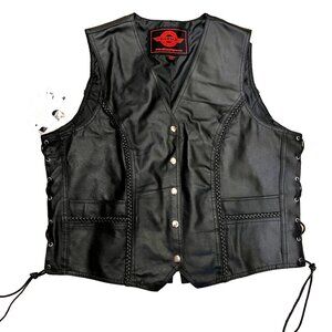 NWT Alpha Cycle Gear Womens Black Leather Pockets Snap Motorcycle Vest Size XXL